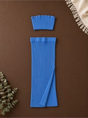 Blue Ribbed Knit Strapless Dress with Bandeau